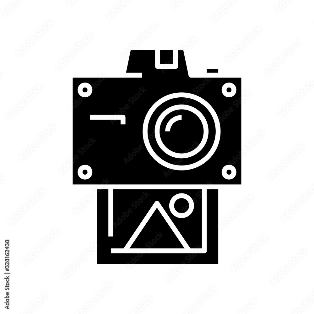 Polaroid camera black icon, concept illustration, vector flat symbol, glyph sign. Polaroid camera black icon, concept illustration, vector flat symbol, glyph sign.