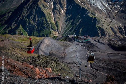 Panorama of cable car. Mount Elbrus, Caucasus, Russia. .MIR station in the background.