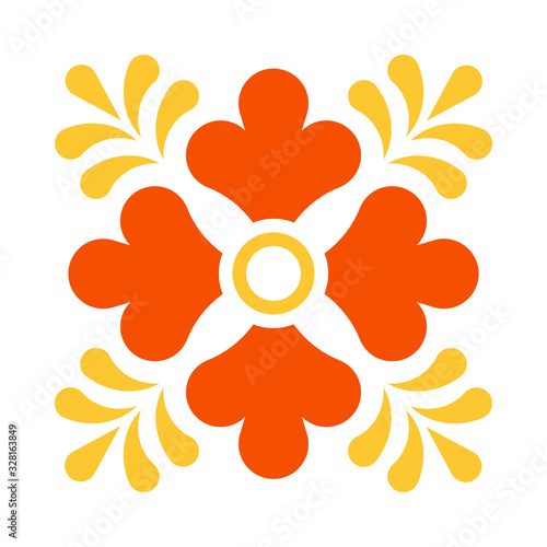Mexican talavera tile pattern. Ornament in traditional style from Puebla on white background. Floral ceramic tile with leaves. Folk art design from Mexico.
