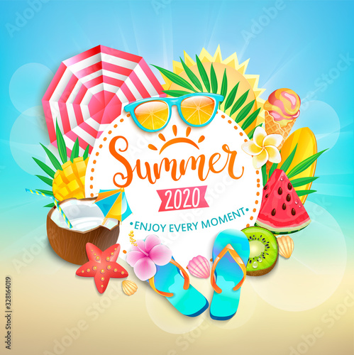 Summer 2020 greeting banner. Bright symbols of hot season - ice cream cocktail, watermelon, mango and kiwi, tropical leaves. Promo template for your design, web, advertise.Vector Illustration.