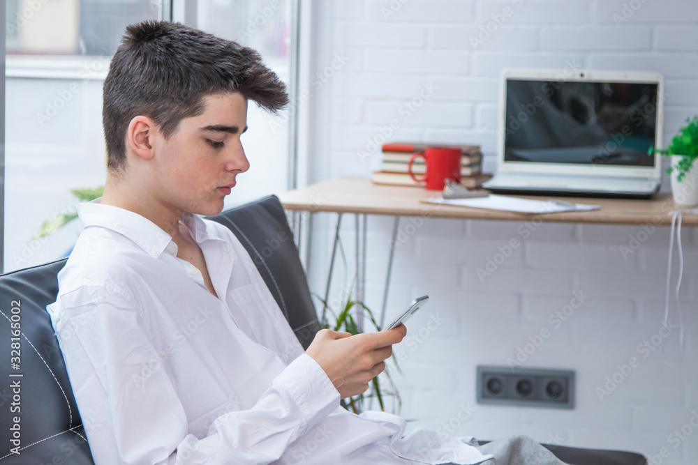 teenager or male student with mobile phone at home on the couch teenager or male student with mobile phone at home on the couch