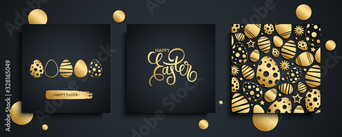 Happy Easter luxury greeting cards collection. Easter holiday invitations templates set with hand drawn lettering and gold easter eggs. Vector illustration.