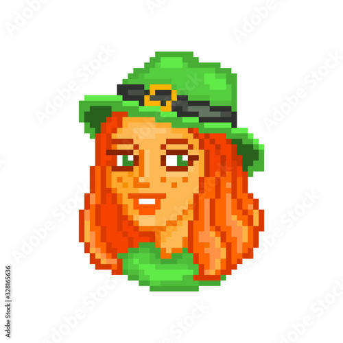 Ginger freckled leprechaun girl in a green hat portrait, pixel art Saint Patrick's Day character avatar isolated on white background. 8 bit old school vintage retro slot machine/video game graphics. © Ksenia