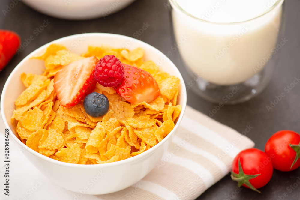 Breakfast Served in the morning with Coffee, Butter croissant and corn flakes Whole grains and raisins with milk in cups and Strawberry, Raspberry, Kiwi, Fresh Orange Juice on the breakfast table. Breakfast Served in the morning with Coffee, Butter croissant and corn flakes Whole grains and raisins with milk in cups and Strawberry, Raspberry, Kiwi, Fresh Orange Juice on the breakfast table.