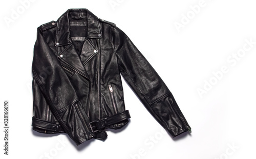 Photos Black women's leather jacket on white background top view