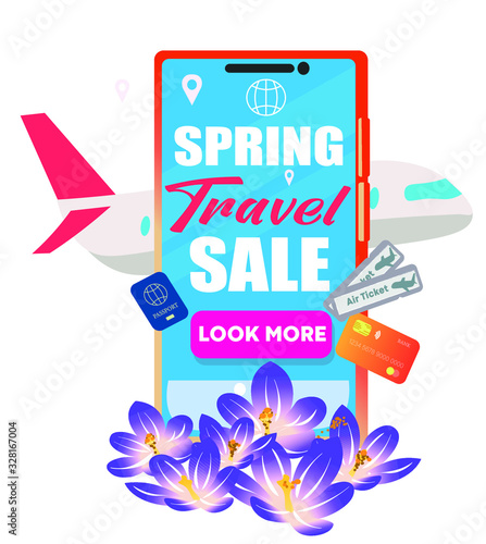 Vector image. Spring discounts on travel packages, tourism. Vector template for website, banner, travel agency.  Весенние скидки на путешествия. Горячие весенние туры. Агенство туризма.