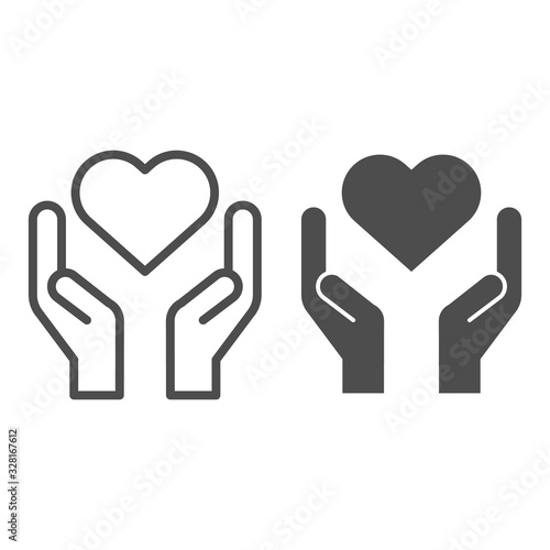 Hands holding heart line and solid icon. Charity and love shape in palms symbol, outline style pictogram on white background. Relationship sign for mobile concept and web design. Vector graphics.