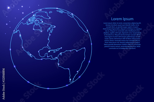 Globus planet earth with the continents of North and South Latin America from the contours network blue, luminous space stars for banner, poster, greeting card. Vector illustration.