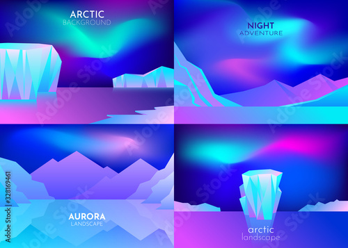 Vector abstract background set. Minimalist style. Flat concept. 4 landscapes collection. Cartoon nature winter arctic ice landscape with iceberg, snow mountains hills. Polar night with aurora borealis