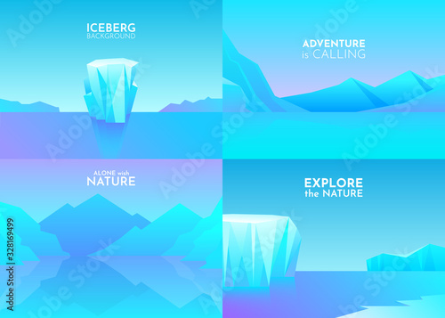 Vector illustration. Set of winter landscapes in flat minimalistic polygonal style. Mountains with snowfall, Iceberg in the ocean. Sunny daytime weather. Abstract landscapes. Snow wallpaper collection