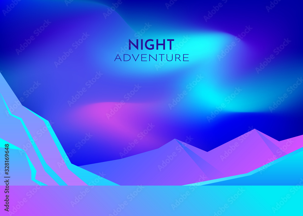 Cartoon vector nature winter arctic ice landscape with iceberg, snow mountains hills. Polar night with aurora borealis northen lights. Vector abstract background. Minimalist style. Flat concept. 