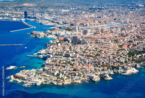 Beautiful aerial shot of the seafront of Marseille with Malmousque district and the Vieux Port, on a superb summer day with turquoise sea