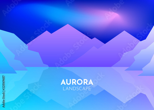Cartoon vector nature winter arctic ice landscape with iceberg, snow mountains hills. Polar night with aurora borealis northen lights. Vector abstract background. Minimalist style. Flat concept. 