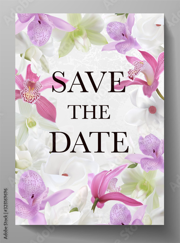 Wedding invitation design Save The Date. White background with orchid, magnolia flower bouquet. Floral vector template for wedding, elegant invitation, 8 March greeting card, funeral thank you card
