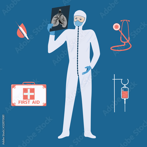 A doctor in a protective suit examines an x-ray - a dropper, a first aid suitcase, a stethoscope - vector. SARS-CoV virus