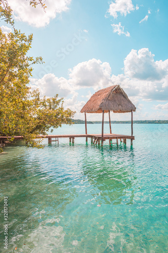 Fototapeta Naklejka Na Ścianę i Meble -  Pier in Bacalar Lagoon, near Cancun in Riviera Maya, Mexico