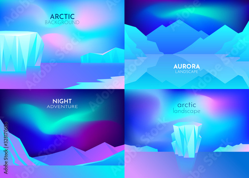 Vector abstract background set. Minimalist style. Flat concept. 4 landscapes collection. Iceberg on the water, aurora in the Arctic, night boreal, Cold ice on the ocean. Website template. UI design