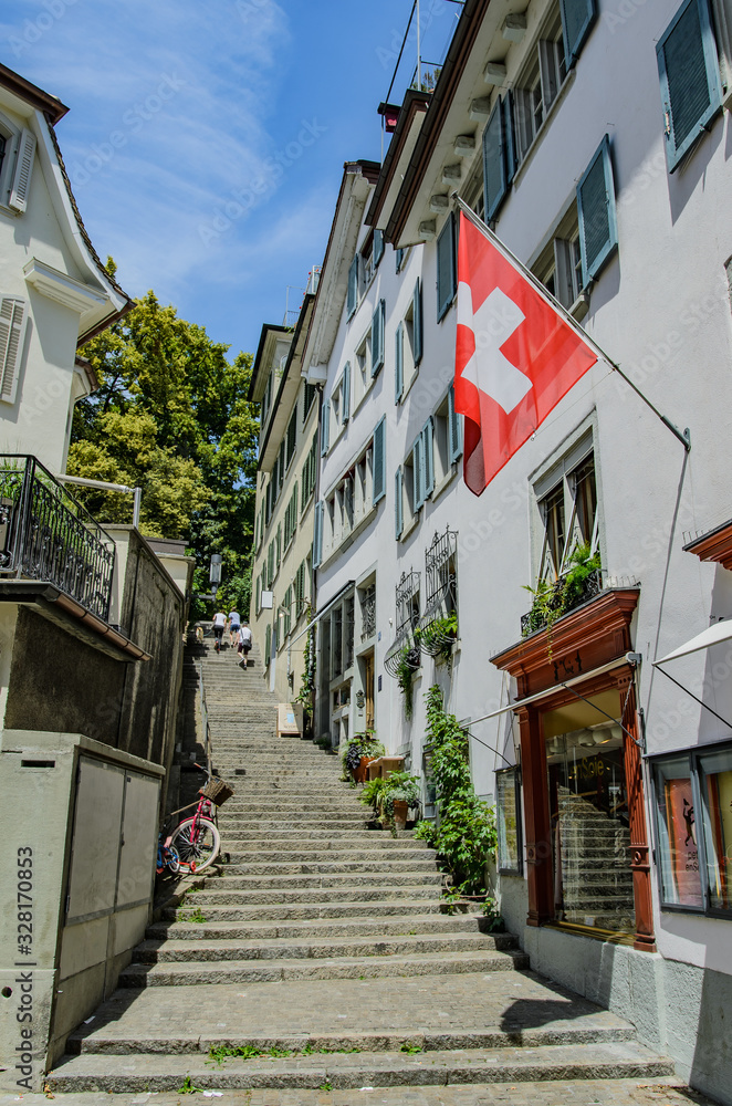 Stairs leading to Lindenhof hill, Zürich, Switzerland.	