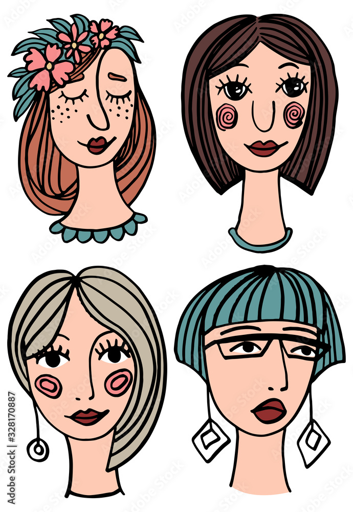 Stylized portrait of a girl - set of fashion illustrations. Cute cartoon pattern. Vector in doodle style. Stylized portrait of a girl - set of fashion illustrations. Cute cartoon pattern. Vector in doodle style.