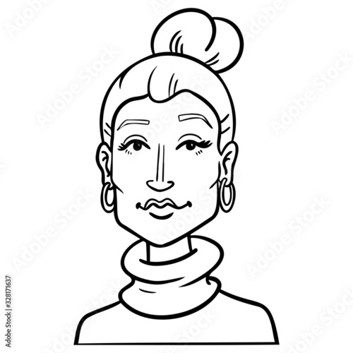 Head of a beautiful woman with a bun and turtleneck sweater and earrings.  Vector illustration, comic, avatar, monochrome.