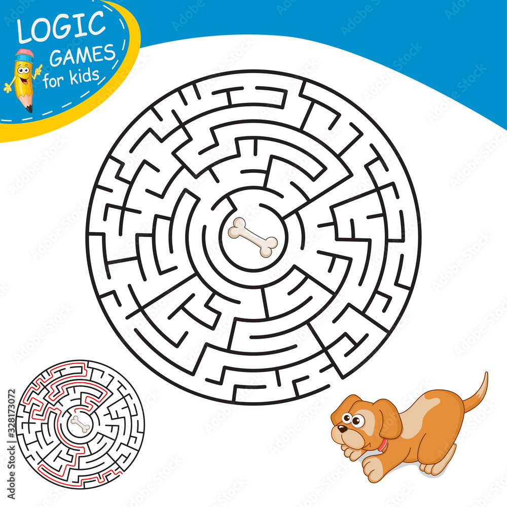 Maze or Labyrinth for Children with Cartoon Dog and Bone. Find right way. Simple round maze with answer. Entry and exit. Children puzzle game. Education Labyrinth conundrum. Logic Games for kids. Maze or Labyrinth for Children with Cartoon Dog and Bone. Find right way. Simple round maze with answer. Entry and exit. Children puzzle game. Education Labyrinth conundrum. Logic Games for kids.