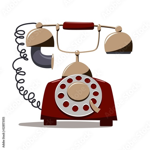 Old twenties disk telephone set in flat cartoon style isolated on white background.