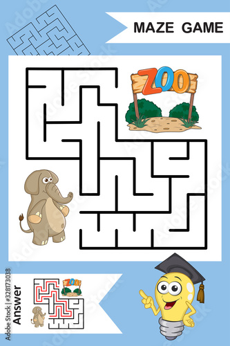 Square Labyrinth for Child with cute cartoon Elephant isolated on colorful background. Find right way to the ZOO. Entry and exit. With Answer. Education worksheet. Activity page.Logic Games for kids.