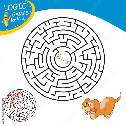 Maze or Labyrinth for Children with Cartoon Dog and Bone. Find right way. Simple round maze with answer. Entry and exit. Children puzzle game. Education Labyrinth conundrum. Logic Games for kids.