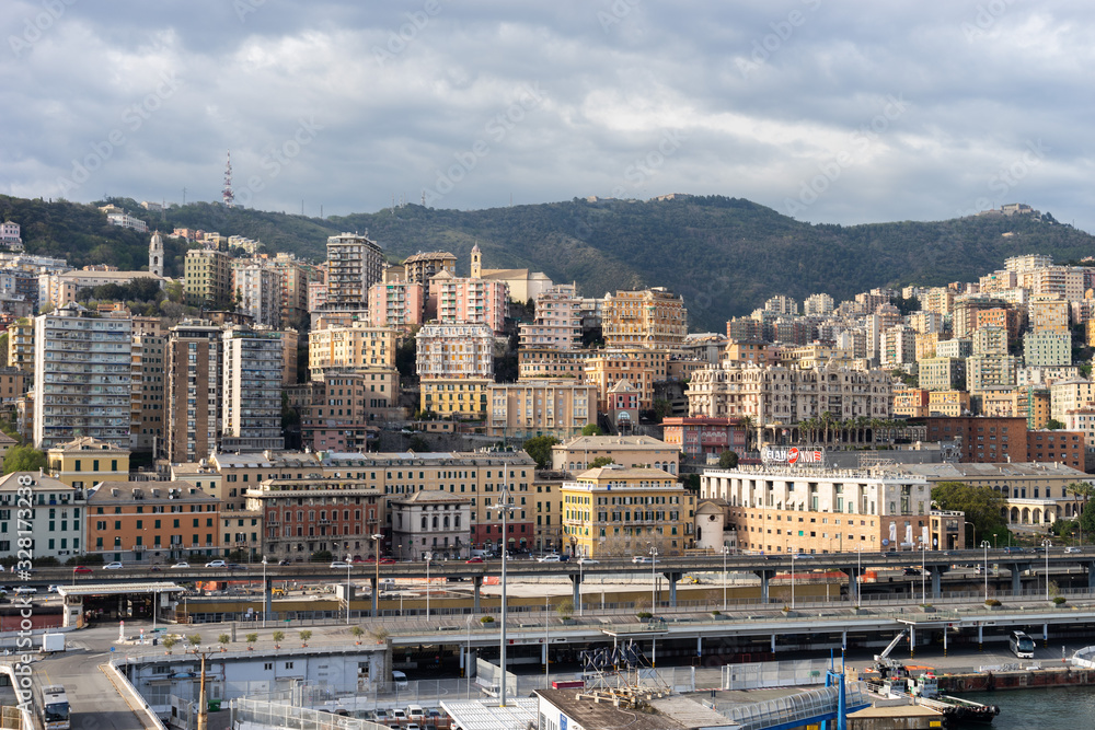 Architecture of the Old Port area of Genoa. View from the sea. Italy