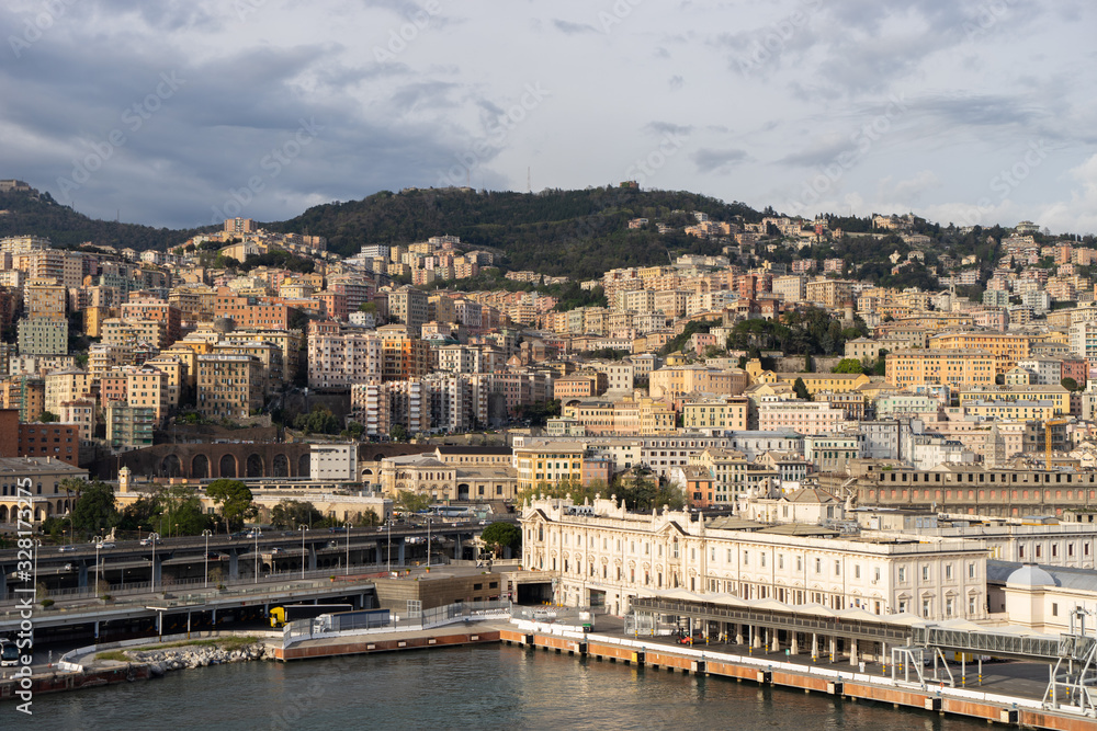 Architecture of the Old Port area of Genoa. View from the sea. Italy Architecture of the Old Port area of Genoa. View from the sea. Italy