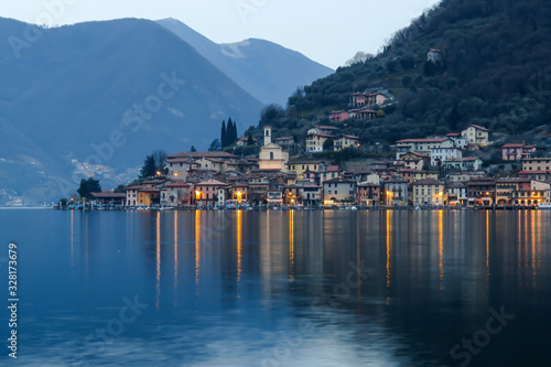Lake Iseo in the North of Italy with the view on Monte Isola, right after sunset.