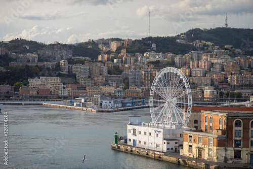 Genoa at the ancient port the Ferris wheel view from the air