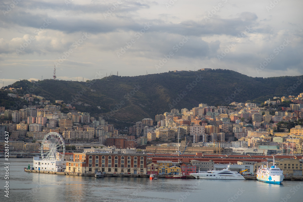Panoramic view port of Genoa in a summer day, Italy