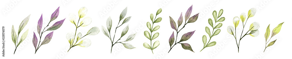 Watercolor leaves and branches, berry, tiny flora