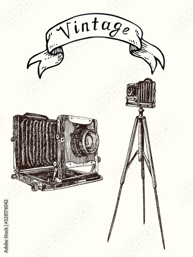 Retro photo camera vintage collection, hand drawn doodle, drawing in gravure style, sketch illustration, design element