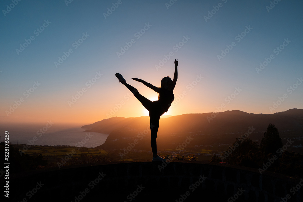 custom made wallpaper toronto digitalSilhouette of woman dancing at sunset with mountains and sea on background
