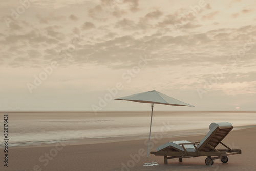 Strandliege und Sonnenschirm bei verlassenem Strand im Abendlicht. 3D Rendering