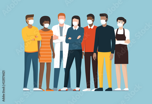 Group of people wearing surgical masks and standing together