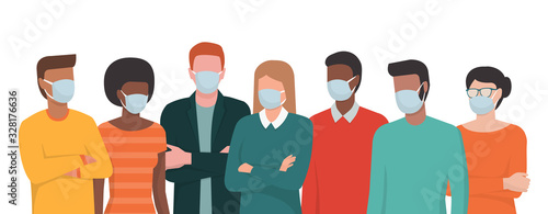 Group of people wearing surgical masks and standing together