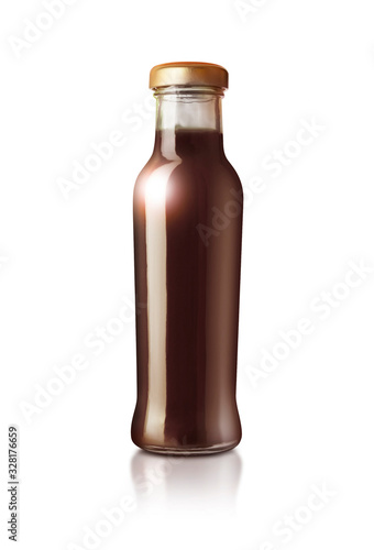 Glass bottle of sauce isolated on white background