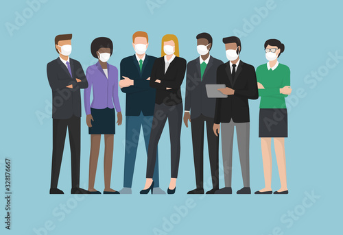 Business people wearing surgical masks and standing together