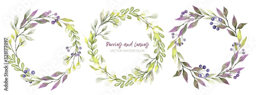 Watercolor greenery wreath, purple and green tints, berries
