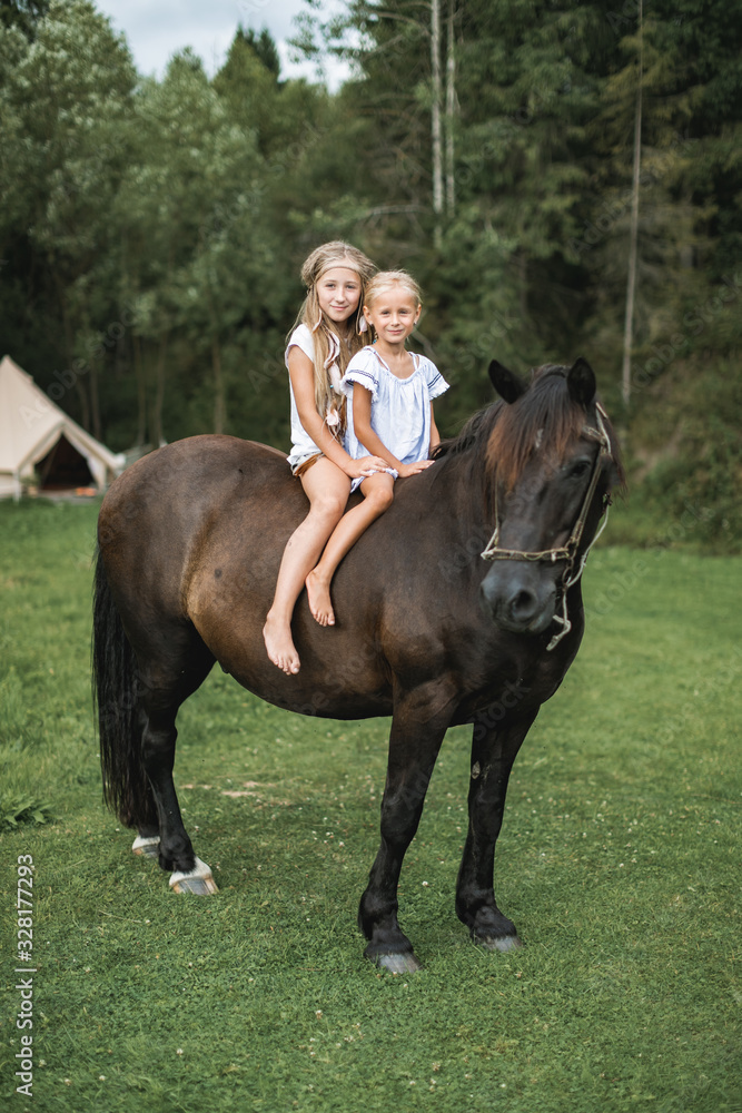 Two little cute sisters girls on horseback riding in the nature. Outdoors shot of two pretty little girls riding a beautiful horse in the meadow or field. Horse and children, ranch and countryside Two little cute sisters girls on horseback riding in the nature. Outdoors shot of two pretty little girls riding a beautiful horse in the meadow or field. Horse and children, ranch and countryside
