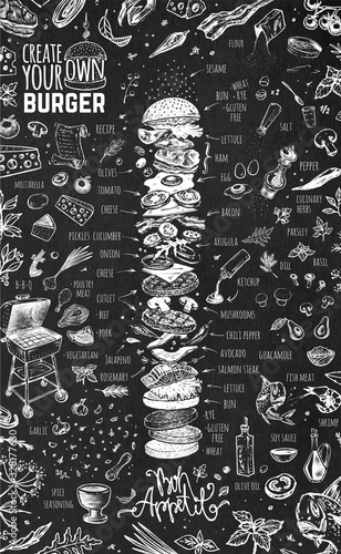 Burger menu design template for restaurant and cafe. Chalk drawn cooking infographic on black background. Hand drawn hamburger sketch and doodle icons. Vector vintage hipster style illustration