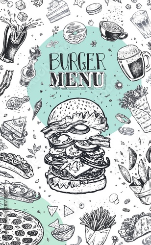 Burger menu. Vintage template with hand drawn sketches of hamburger and infographic with fast food ingredients. Engraving style vector icons - pizza, tacos, barbecue, beverages and sweets