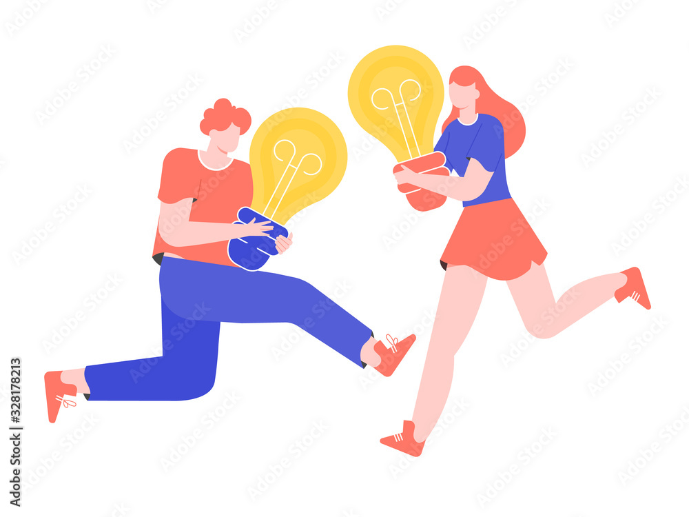 Brainstorming and generating ideas. Work in a creative team. The guy and girl characters are jumping and holding light bulbs. Vector flat illustration.