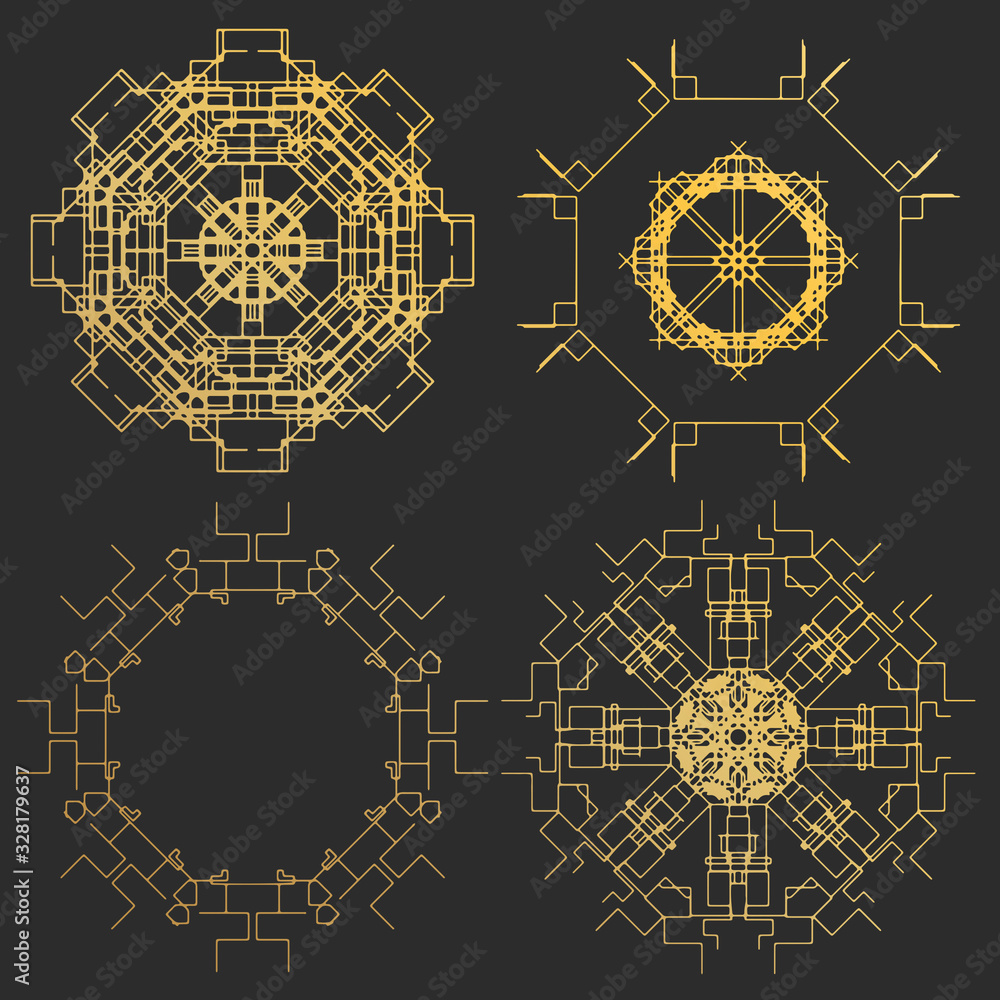 Fototapeta Mandala isolated. Gold black foil design. India, tribal, oriental or arabic ornament. Sun symbol for yoga or spa studio, wedding. Luxury snowflake for christmas greeting card.