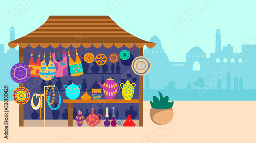 Souvenir street shop with city on the background. Pottery, bags and jewelry. Flat vector illustration.