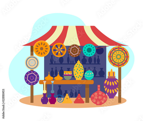Asian pottery street stall. Authentic ceramics shop. Isolated on white. Flat vector illustration.