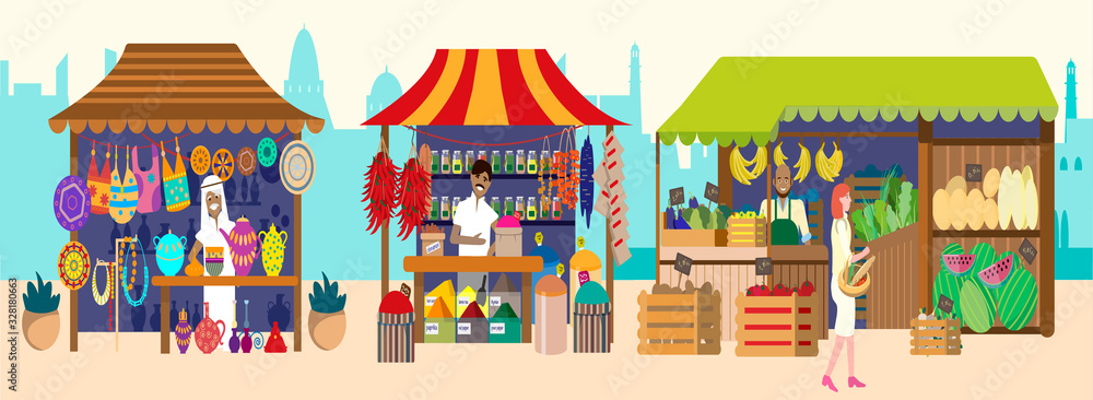 Vector illustration of asian bazaar with sellers. Souvenirs, pottery, spices, jewelry, fruits and vegetables. Flat vector illustration.